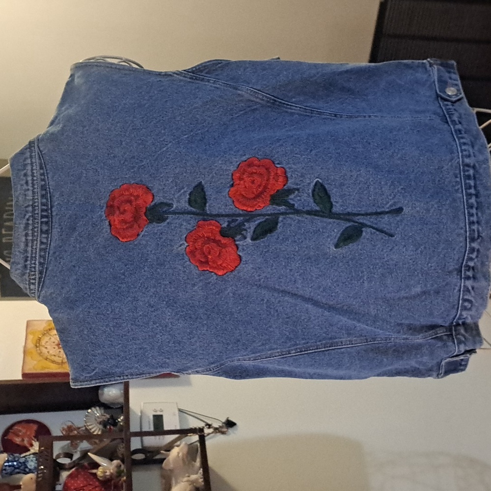 Vintage Jean Vest With Floral Embroidery, Sz L/XL